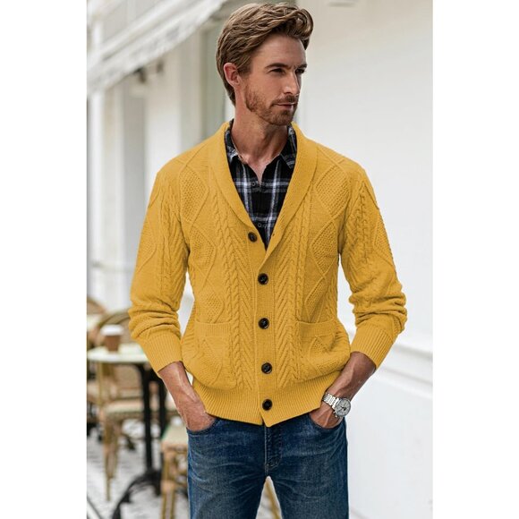 Men Yellow Cardigan Sweater Cable Knit Button Front Warm Casual